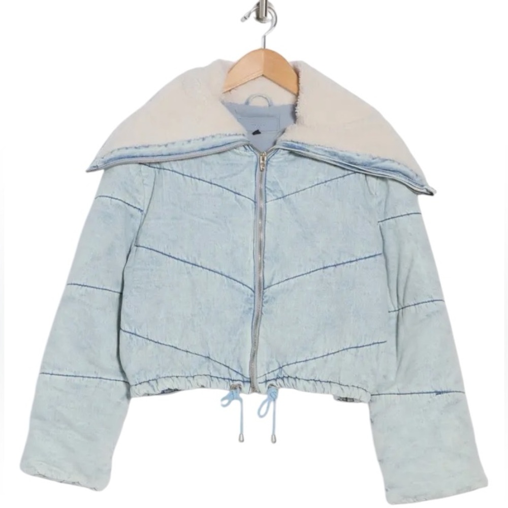 BlancNYC, light wash denim w/fluffy faux-shearling trim jacket, size S, NWT, $80